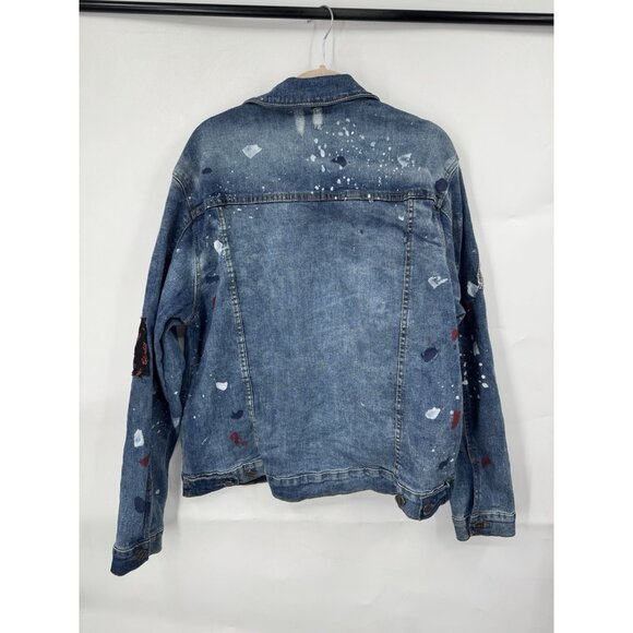 FWRD Patchwork Grunge Paint Splatter Jean Jacket Women XL Blue Skater Retro Y2K - Picture 2 of 10